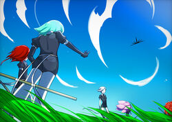  5others absurdres androgynous aqua_hair blue_sky cinnabar_(houseki_no_kuni) cloud colored_skin commentary_request crystal_hair day elbow_gloves from_below gem_uniform_(houseki_no_kuni) gloves goshenite_(houseki_no_kuni) grass hari_(suzu_sato) highres houseki_no_kuni long_hair morganite_(houseki_no_kuni) multiple_others necktie outdoors outstretched_arm padparadscha_(houseki_no_kuni) phosphophyllite pink_hair red_hair scenery short_hair sky sword weapon white_hair white_skin 