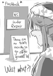  absurdres bangs blush christmas door english_text female female flashback fur-trimmed_hat fur_trim greyscale hat have_to_pee highres indoors long_hair monochrome nose_blush o_o open_mouth original rune_(pixiv_25170019) santa_hat shiny shiny_hair sign solo surprised sweat talking teeth text_focus trembling 