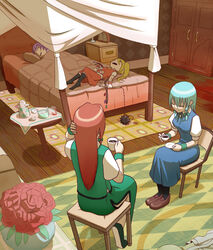  bad_id bad_nicoseiga_id banned_artist bed bedroom blonde_hair blood blouse blue_dress blue_hair braid canopy_bed carpet chair chinese_clothes clock closed_eyes commentary_request cup cushion dress flail flandre_scarlet from_behind hair_ribbon hand_behind_head highres hong_meiling indoors izayoi_sakuya lavender_hair light_smile lying morning_star multiple_girls no_hat no_headwear okahi on_back open_mouth red_hair remilia_scarlet ribbon saucer silver_hair sitting sleeping sugar_bowl sugar_cube sugar_tongs teacup teapot touhou tress_ribbon twin_braids under_covers weapon white_blouse wings wooden_floor 