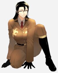  belt black_footwear black_gloves black_hair boots breasts closed_mouth female full_body genderswap_(mtf) gloves hair_between_eyes highres houjoh_(7th-heaven) knee_boots large_breasts long_hair military necktie on_one_knee rule_63 scar sergei_dragunov solo tekken white_background 