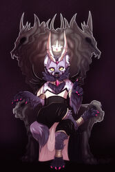  abstract_background ambiguous_gender anklet anthro avoid_posting barefoot chair claws clothing colored_nails crossed_legs crown damian_(maim) darkness demon depth_of_field ear_piercing facial_piercing fangs feet forefinger fur furniture grey_body grey_fur headgear hi_res horn hyena jewelry looking_at_viewer maim mammal monster nails nose_piercing nose_ring piercing pink_paws pose ring_piercing septum_piercing simple_background sitting solo spotted_hyena teeth throne yellow_eyes 