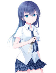  akuma_no_riddle alternate_hair_length alternate_hairstyle azuma_tokaku black_hair blue_eyes blue_necktie blue_skirt commentary_request cowboy_shot dress_shirt female hair_between_eyes holding holding_knife knife kotomiracle long_hair looking_at_viewer miniskirt necktie pleated_skirt shirt simple_background skirt solo standing very_long_hair white_background white_shirt 