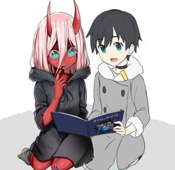  1boy aged_down bandages black_cloak black_hair blue_eyes blush book boots cloak coat colored_sclera colored_skin commentary couple darling_in_the_franxx female finger_to_mouth fur_boots fur_trim green_eyes grey_coat hiro_(darling_in_the_franxx) hiroki_(hirokiart) holding holding_book hood hooded_cloak horns long_coat long_hair oni_horns open_book parka pink_hair red_horns red_pupils red_sclera red_skin seiza sitting spoilers straight winter_clothes winter_coat zero_two_(darling_in_the_franxx) 