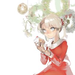  bad_id bad_twitter_id blonde_hair blue_eyes cake christmas_ornaments female food herme_(ohisashiburi) looking_at_viewer ohisashiburi original pastry short_hair simple_background solo twintails white_background 