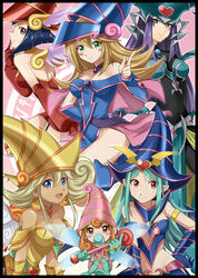  6+girls apple_magician_girl bad_id bad_pixiv_id berry_magician_girl blonde_hair blue_eyes blue_hair blush_stickers border brown_eyes chocolate_magician_girl dark_magician_girl duel_monster fairy_wings gloves green_eyes green_hair hand_on_own_hip hat heart highres kiwi_magician_girl lemon_magician_girl leotard long_hair multiple_girls nakata_(chamcham) no_panties pacifier purple_hair red_eyes short_hair smile staff wings wizard_hat yellow_hat yellow_leotard yu-gi-oh! yu-gi-oh!_the_dark_side_of_dimensions 