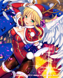  :d angel_wings antlers blonde_hair blush boots box breasts christmas cleavage commentary_request dated feathered_wings feathers female fur_trim gift gift_box green_eyes hat horns leotard long_hair lord_of_knights medium_breasts official_art open_mouth pantyhose photoshop_(medium) red_leotard reindeer_antlers santa_costume santa_hat smile solo thigh_boots thighhighs wings yangsion 