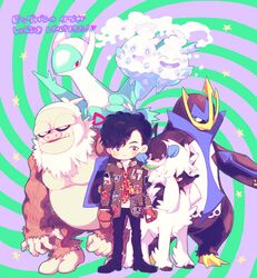  1boy :3 bigbang bird black_hair chatot empoleon furfrou gloves gorilla jacket latios male_focus patch penguin poke_ball pokemon simple_background slaking striped_background t.o.p_(bigbang) vanilluxe 