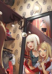  2girls :d aqua_eyes bad_id bad_twitter_id bag blonde_hair blue_eyes bob_cut bottle breasts choker cleavage clothes clothes_hanger clothes_in_front dress dressing_room handbag hands_on_another&#039;s_shoulders height_difference herme_(ohisashiburi) highres holding holding_clothes holding_dress indoors jewelry lace_trim long_sleeves looking_at_mirror mannequin medium_breasts mirror multiple_girls nacchan_(ohisashiburi) ohisashiburi open_mouth original pendant perfume_bottle red_eyes reflection shelf short_hair short_sleeves slit_pupils smile surprised teeth unworn_dress wallpaper_(object) white_hair 