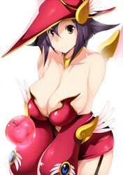  alternate_breast_size apple apple_magician_girl bare_shoulders breasts brown_eyes cleavage commentary_request detached_sleeves dress duel_monster female food fruit garter_straps hat huge_breasts jewelry leaning_forward purple_hair short_dress short_hair smile solo strapless tsukasawa_takamatsu wings wizard_hat yu-gi-oh! 