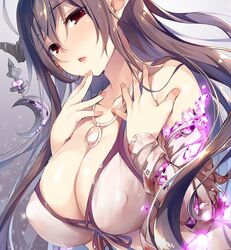  :o bandaged_arm bandages bare_shoulders black_ribbon blush breasts brown_hair chiyingzai cleavage collarbone commentary crescent danua danua_(summer)_(granblue_fantasy) draph dress female finger_to_own_chin glowing granblue_fantasy grey_background hair_between_eyes hand_on_own_chest horn_ornament horns jewelry large_breasts long_hair looking_at_viewer nail_polish necklace official_alternate_costume open_mouth pendant pink_nails pointy_ears red_eyes ribbon simple_background sleeveless sleeveless_dress solo upper_body very_long_hair white_dress 