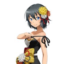  black_dress black_hair blue_eyes breasts cleavage collarbone dress female flower hair_between_eyes hair_flower hair_ornament looking_at_viewer medium_breasts official_art orange_flower philia_(sao) philia_(sao-alo) short_hair sideboob smile solo standing strapless strapless_dress sword_art_online sword_art_online:_code_register transparent_background white_flower 