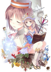  2girls atelier_(series) atelier_elie atelier_totori bad_id bad_pixiv_id barrel bird blue_sleeves blush bomb book boots brown_eyes brown_hair closed_eyes clover commentary_request crystal detached_sleeves earrings elfir_traum english_text explosive flask flower four-leaf_clover full_body glowing hat highres instrument jewelry knee_boots long_hair looking_at_viewer mallet_(instrument) multiple_girls mushroom ooba_kagerou open_book open_mouth orange_hat photoshop_(medium) plant potion short_hair sign sitting skirt smile staff totooria_helmold very_short_hair wand xylophone 