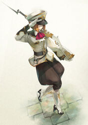  bayonet boots brown_eyes brown_hair commentary_request fantasy_earth_zero female full_body gloves gun hat high_heel_boots high_heels highres holding holding_gun holding_weapon military military_hat military_uniform over_shoulder pouch ryouku salute short_hair solo standing standing_on_one_leg uniform weapon white_footwear white_gloves white_hat 