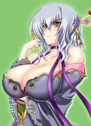  bare_shoulders blush breast_rest breasts choker cleavage collarbone commentary_request female gengan green_background hair_ornament japanese_clothes kilina koihime_musou large_breasts photoshop_(medium) shin_koihime_musou short_hair silver_hair smile solo upper_body yellow_eyes 