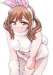  alternate_hairstyle animal_costume animal_ears arm_warmers ayumu-k breasts brown_hair commentary_request crop_top fake_animal_ears female fur highres kinchan_and_katori_shingo_no_zen_nihon_kasou_taishou kunikida_hanamaru leaning_forward love_live! love_live!_sunshine!! medium_breasts pantyhose rabbit_costume rabbit_ears rabbit_tail see-through see-through_legwear simple_background sleeveless smile solo tail twintails white_background yellow_eyes 