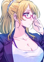  adjusting_eyewear ayase_eli ayumu-k bespectacled blonde_hair blue_eyes bra_strap breasts cleavage collarbone commentary_request earrings female glasses highres jacket jewelry light_frown long_sleeves love_live! love_live!_school_idol_project pearl_earrings pinstripe_pattern ponytail red-framed_eyewear scrunchie semi-rimless_eyewear shirt sidelocks solo striped under-rim_eyewear upper_body white_scrunchie white_shirt 