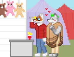  animated anthro canid canine canis carnival_(disambiguation) clothed clothing dart digital_media_(artwork) duo eyewear fox game_(disambiguation) glasses handlebarsprites heart_symbol male mammal outside pixel_(artwork) pixel_animation pixelated plushie prize standing tent throwing wolf 