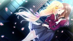  blonde_hair brown_hair ensemble_(company) game_cg kadowaki_sakura kimishima_ao kissing long_hair mahara_aoi petals sakura_mau_otome_no_rondo seifuku 