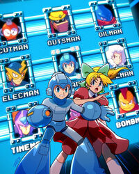  arm_cannon blonde_hair blue_eyes bombman commentary cutman dress earrings elecman english_commentary female green_ribbons gutsman hair_ribbon helmet iceman jewelry marvel oilman open_mouth parody ponytail red_dress ribbon robert_porter rockman rockman_(character) rockman_(classic) roll signature timeman weapon x-men 