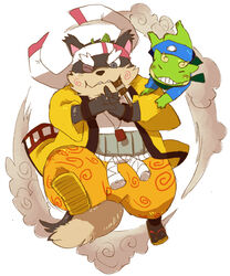  2015 amphibian anthro canid canine clothed clothing duo frog humanoid_hands leaf male mammal momochi_sandayuu one_eye_closed raccoon_dog sengoku_puzzle shirokumaou simple_background slightly_chubby tanuki wink 