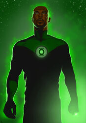  bodysuit common dark_skin dc_comics facial_hair glowing_eyes green_eyes green_lantern green_lantern_(series) john_stewart male_focus ring solo 