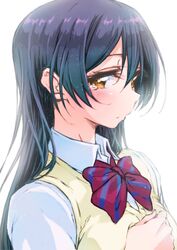  ayumu-k blue_hair blush bow bowtie collared_shirt commentary_request female hand_on_own_chest highres long_hair looking_at_viewer love_live! love_live!_school_idol_project otonokizaka_school_uniform pointy_ears red_bow red_bowtie school_uniform shirt solo sonoda_umi sparkle striped_bow striped_bowtie striped_clothes summer_uniform sweater_vest tears upper_body white_shirt yellow_eyes 