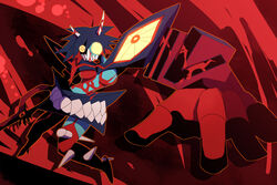  aqua_skin berserk_ryuuko black_hair blood commentary_request emon-yu female kill_la_kill matoi_ryuuko monster red_background scissor_blade_(kill_la_kill) senketsu sharp_teeth short_hair solo spikes spoilers teeth thighhighs yellow_eyes 