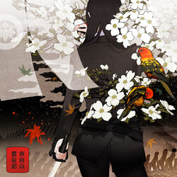  animal bad_id bad_pixiv_id belt bird black_hair blood branch commentary_request cowboy_shot facing_away female fine_art_parody flower formal from_behind hiko_(lg612) holding holding_sword holding_weapon katana leaf long_hair maple_leaf nihonga original pant_suit pants parody parrot plant solo suit sword tree tuxedo weapon 