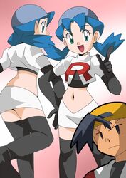  blue_hair crystal_(pokemon) gold_(pokemon) hainchu kenta_(pokemon) looking_at_viewer marina_(pokemon) navel nintendo pokemon smile team_rocket_(cosplay) 