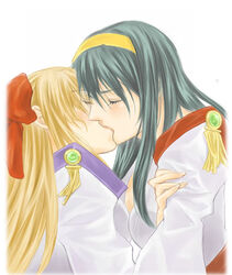  2girls arm_grab blonde_hair blue_hair bow closed_eyes couple hair_between_eyes hairband hairbow himemiya_chikane kannazuki_no_miko kissing kurusugawa_himeko long_hair mico3 multiple_girls white_background yellow_hairband yuri 