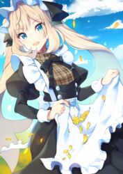  :d ameshizuku_natsuki apron apron_basket black_bow black_dress blonde_hair blue_eyes blue_sky bow breasts cloud commentary_request day dress fate/grand_order fate_(series) female fingernails flower frilled_apron frills hairbow juliet_sleeves long_hair long_sleeves looking_at_viewer marie_antoinette_(animejapan_2016)_(fate) marie_antoinette_(fate) official_alternate_costume open_mouth outdoors petals puffy_sleeves sidelocks sky small_breasts smile solo twintails very_long_hair white_apron yellow_flower 