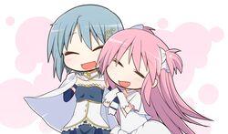  2girls arm_hug armband blue_hair bow cape chibi choker closed_eyes commentary_request fortissimo gloves hair_ornament hairbow hairclip kaname_madoka ladfa long_hair magical_girl mahou_shoujo_madoka_magica mahou_shoujo_madoka_magica_(anime) mahou_shoujo_madoka_magica_movie_1_&amp;_2 miki_sayaka miki_sayaka_(magical_girl) multiple_girls musical_note musical_note_hair_ornament open_mouth pink_hair short_hair smile spoilers two_side_up ultimate_madoka 