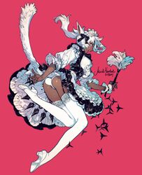  animal_ears apron artist_name blue_eyes blush caltrops cat_ears cat_tail dark_skin ears_down facial_mark feather_duster female final_fantasy final_fantasy_xiv frills garter_straps highres kunai lace lace-trimmed_thighhighs long_hair maid maid_apron maid_headdress miqo&#039;te one_leg_raised panties pantyshot pigeon666 pink_background ponytail profile pumps scar shuriken skirt solo tail thighhighs underwear weapon white_hair white_legwear 