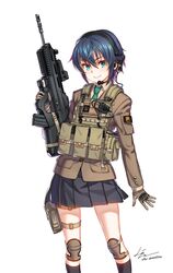  ammunition_pouch aqua_eyes arm_at_side assault_rifle black_socks blue_hair borrowed_character bullpup commentary feet_out_of_frame female fn_f2000 gloves green_necktie gun hair_between_eyes headset highres holding holding_gun holding_weapon jacket knee_pads kneehighs kws long_sleeves looking_at_viewer military necktie original pleated_skirt pouch rifle short_hair signature simple_background skirt smile socks solo standing thigh_pouch trigger_discipline weapon white_background wing_collar 