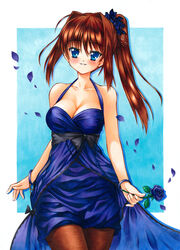  alternate_costume alternate_hairstyle aozaki_aoko bad_id bad_pixiv_id bangle blue_eyes blue_flower blue_rose blue_skirt blush bracelet breasts cleavage dress female flower gown hair_intakes jewelry large_breasts mahou_tsukai_no_yoru pantyhose petals ponytail rose sash scrunchie skirt solo yuto_takumi 