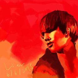  1boy 2015 bangs bigbang bust daesung dated hair_over_eyes male_focus monochrome red solo 