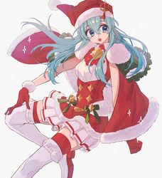  aqua_hair bad_id bad_twitter_id blue_eyes blue_hair blush cape christmas dress eirika_(fire_emblem) eirika_(winter)_(fire_emblem) elbow_gloves female fire_emblem fire_emblem:_the_sacred_stones fire_emblem_heroes fur_trim gloves hat highres itou_(very_ito) long_hair looking_at_viewer open_mouth santa_costume simple_background skirt smile solo thighhighs white_background zettai_ryouiki 