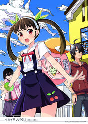  araragi_koyomi backpack bad_id bad_pixiv_id bag bakemonogatari black_eyes black_hair bracelet empty_eyes female green_ribbons hachikuji_mayoi hair_ribbon hairband jewelry kabukimonogatari long_hair map monogatari_(series) naoetsu_high_school_uniform oerba_yun_fang oshino_ougi pantyhose photoshop_(medium) pink_shirt ribbon school_uniform shirt short_hair skirt suspender_skirt suspenders takeuchi_dojio twintails 