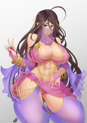  aged_up ahoge arabian_clothes bad_id bad_pixiv_id bare_shoulders breasts bridal_gauntlets brown_eyes brown_hair cameltoe cleavage covered_nipples curvy dancer female harem_outfit highres huge_ahoge huge_breasts long_hair looking_at_viewer mouth_veil navel oh_my_goddess! see-through skuld_(aa_megami-sama) solo standing stomach stormcow thighs veil very_long_hair wide_hips 