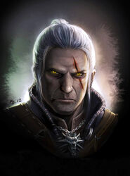  1boy bail commentary_request facial_hair geralt_of_rivia jewelry long_hair male_focus manly necklace photoshop_(medium) scar solo the_witcher_(series) the_witcher_3 white_hair witcher_medallion yellow_eyes 