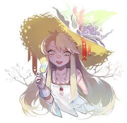  :d bad_id bad_twitter_id blonde_hair champagne_flute cup dress drinking_glass female hat herme_(ohisashiburi) jewelry long_hair necklace ohisashiburi open_mouth original slit_pupils smile solo sun_hat teeth white_dress wrist_cuffs 