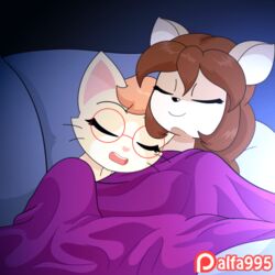  1:1 2017 2d_animation alfa995 animated anthro bedding blanket brown_hair closed_eyes deer digital_media_(artwork) doe_(alfa995) domestic_cat duo english_text eyewear felid feline felis female female/female glasses hair long_hair mammal patreon patreon_logo patreon_username queen_(alfa995) short_playtime signature sleeping smile text whiskers 