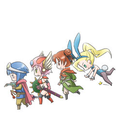  4girls animal_ears armor blonde_hair blue_hair bow bowtie brown_eyes brown_hair bunny_ears bunny_girl cape cosplay dragon_quest dragon_quest_iii earrings female fighter_(dq3) fighter_(dq3)_(cosplay) fishnet_legwear fishnets gloves green_eyes helmet hyuuga_hinata ino_yamanaka jester_(dq3) jester_(dq3)_(cosplay) jewelry leotard long_hair multiple_girls naruto pink_hair roto roto_(cosplay) sakura_haruno shield short_hair sigekitti smile soldier_(dq3) soldier_(dq3)_(cosplay) sword tail tenten weapon 