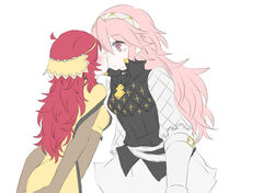  artist_request breasts female fire_emblem fire_emblem_if flat_color kissing multiple_girls nintendo ophelia_(fire_emblem_if) pink_hair red_hair soleil_(fire_emblem_if) white_background yuri 