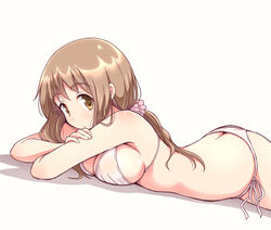  ass bikini blush breasts brown_eyes brown_hair cleavage commentary_request female large_breasts long_hair looking_at_viewer lying matsumoto_yoriko mel_(melty_pot) on_stomach pink_scrunchie scrunchie sideboob solo string_bikini swimsuit white_bikini yuyushiki 