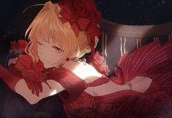  ;) ahoge backless_dress backless_outfit blonde_hair bow breasts candy_(pixiv15231759) commentary_request couch dress elbow_gloves fate/extra fate_(series) female flower gloves green_eyes hair_flower hair_ornament hairbow highres looking_at_viewer lying medium_breasts nero_claudius_(fate) nero_claudius_(fate/extra) nero_claudius_(idol_emperor)_(fate) official_alternate_costume on_stomach one_eye_closed photoshop_(medium) red_dress red_flower red_gloves ribbon short_hair sideboob smile solo striped striped_bow striped_ribbon tied_hair 