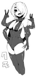  arthropod_girl breasts cleavage collar commentary_request covered_nipples elbow_gloves extra_arms extra_eyes facial_mark fangs female gloves greyscale hands_on_own_hips kamaboko_(ossann0125) leotard looking_at_viewer medium_breasts monochrome monster_girl original shiny short_hair slingshot_swimsuit smile solo spider_girl swimsuit thighhighs translation_request v 