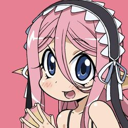  :d blue_eyes blush chibi commentary_request female fins head_fins long_hair looking_at_viewer lowres maid_headdress meroune_lorelei misopetha-menos monster_musume_no_iru_nichijou namiuchigiwa_no_muromi-san open_mouth own_hands_together parody pink_background pink_hair pink_theme portrait simple_background smile solo style_parody webbed_hands 