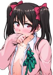  ayumu-k black_hair bow bowtie cardigan collarbone collared_shirt commentary_request female green_bow green_bowtie hair_between_eyes hairbow hand_to_own_mouth highres love_live! love_live!_school_idol_project open_clothes otonokizaka_school_uniform pink_cardigan red_bow school_uniform shirt simple_background sleeves_past_wrists solo striped_bow striped_bowtie striped_clothes summer_uniform sweat tears twintails undone_bowtie upper_body white_background yazawa_nico 