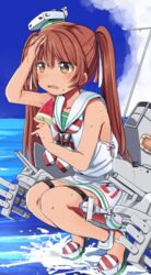  arm_up bare_arms bare_shoulders blue_sky blush cannon collarbone commentary_request dark-skinned_female dark_skin day dress female food hand_on_forehead hat holding holding_food hot kantai_collection knees_together_feet_apart libeccio_(kancolle) long_hair looking_afar looking_away machinery neckerchief ocean oerba_yun_fang on_liquid open_mouth outdoors plant popsicle sailor_dress shoes sky sleeveless sleeveless_dress solo splashing squatting striped striped_neckerchief sweat tareme thigh_strap tonari_(ichinichime_azuma) turret twintails very_long_hair water white_dress white_hat 